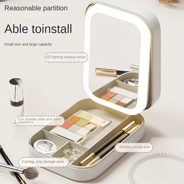 White Led Makeup Mirror With Jewellery Storage Box Touch Screen Light Travel Cosmetic Organizer Case Makeup Mirrors