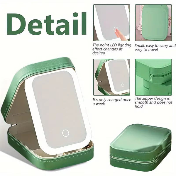 White Led Makeup Mirror With Jewellery Storage Box Touch Screen Light Travel Cosmetic Organizer Case Makeup Mirrors