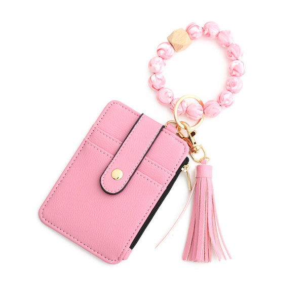 2 Pcs Pink Silicone Bead Keychain Bracelet Wallet Pu Leather Id Card Holder With Tassel Wristlet Bangle For Women Id & Document Holders