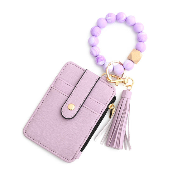 2 Pcs Purple Silicone Bead Keychain Bracelet Wallet Leather Id Card Holder With Tassel Wristlet Bangle For Women Id & Document Holders