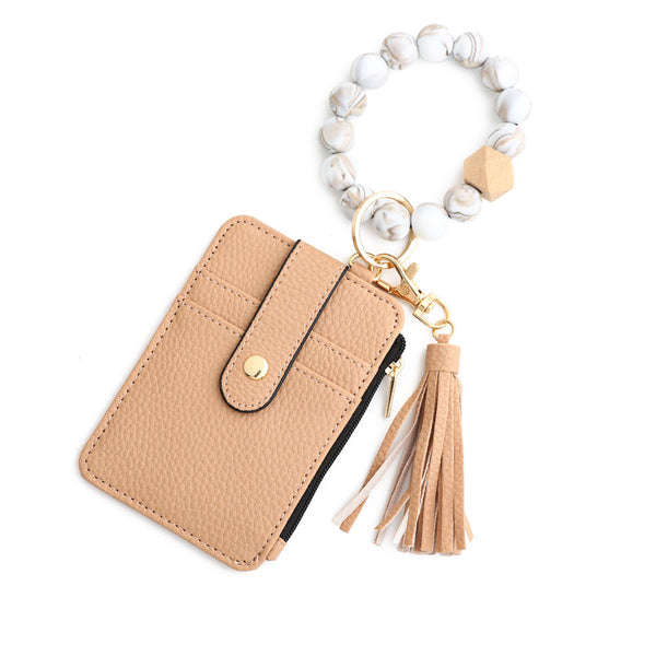 2 Pcs Khaki Silicone Bead Keychain Bracelet Wallet Pu Leather Id Card Holder With Tassel Wristlet Bangle For Women Id & Document Holders