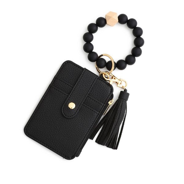 2 Pcs Black Silicone Bead Keychain Bracelet Wallet Pu Leather Id Card Holder With Tassel Wristlet Bangle For Women Id & Document Holders