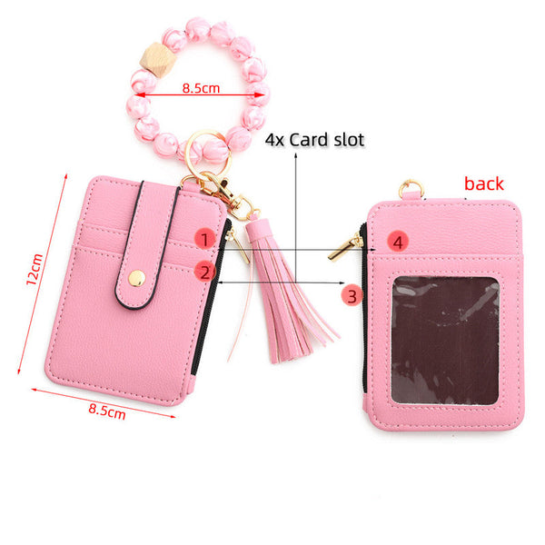 2 Pcs Black Silicone Bead Keychain Bracelet Wallet Pu Leather Id Card Holder With Tassel Wristlet Bangle For Women Id & Document Holders