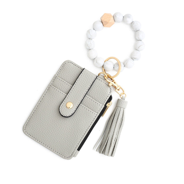 2 Pcs Grey Silicone Bead Keychain Bracelet Wallet Pu Leather Id Card Holder With Tassel Wristlet Bangle For Women Id & Document Holders