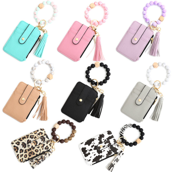 2 Pcs Grey Silicone Bead Keychain Bracelet Wallet Pu Leather Id Card Holder With Tassel Wristlet Bangle For Women Id & Document Holders