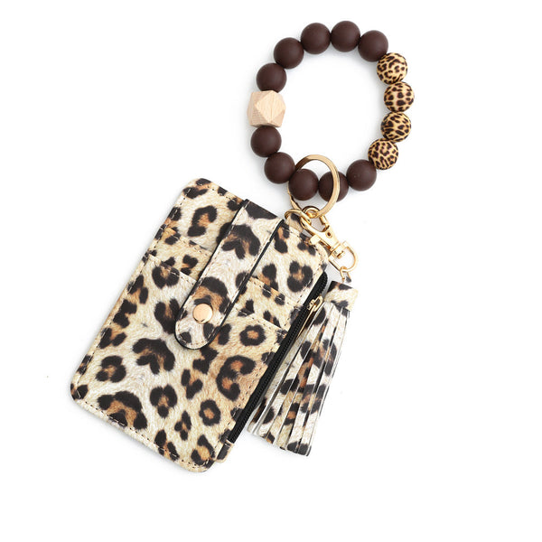 2 Pcs Yellow Leopard Print Silicone Bead Keychain Bracelet Wallet Pu Leather Id Card Holder With Tassel Wristlet Bangle For Women Id & Document Holder