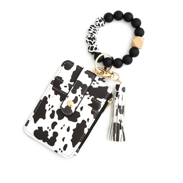 2 Pcs Big Cow Silicone Bead Keychain Bracelet Wallet Pu Leather Id Card Holder With Tassel Wristlet Bangle For Women Id & Document Holders
