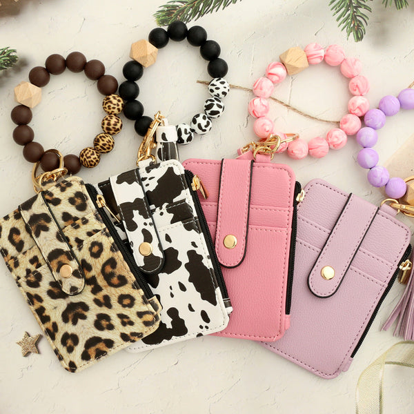 2 Pcs Big Cow Silicone Bead Keychain Bracelet Wallet Pu Leather Id Card Holder With Tassel Wristlet Bangle For Women Id & Document Holders