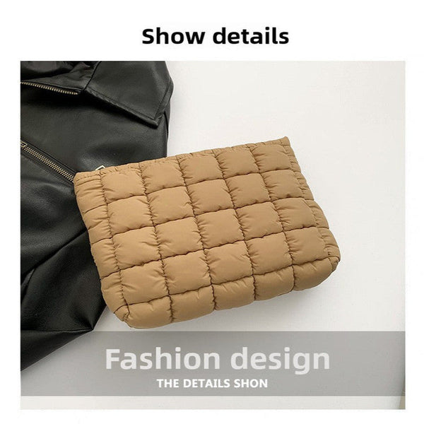 Khaki Puffer Makeup Bag Quilted Pouch Cosmetic Organizer Soft Nylon Travel Toiletry Zipper Handbag For Women Makeup Bags & Cases