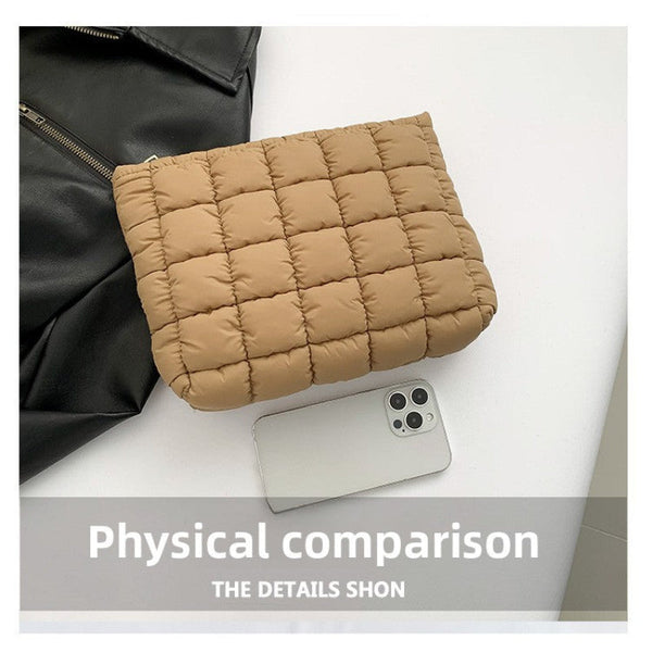 Khaki Puffer Makeup Bag Quilted Pouch Cosmetic Organizer Soft Nylon Travel Toiletry Zipper Handbag For Women Makeup Bags & Cases