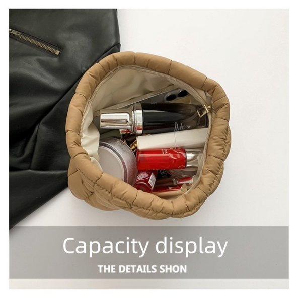 Khaki Puffer Makeup Bag Quilted Pouch Cosmetic Organizer Soft Nylon Travel Toiletry Zipper Handbag For Women Makeup Bags & Cases