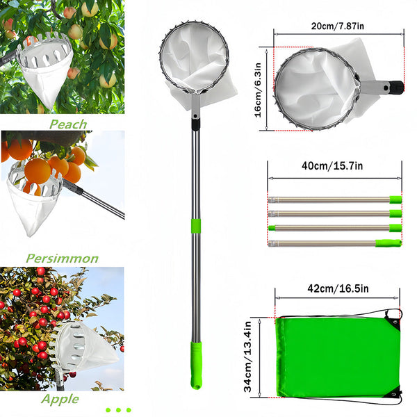 Green Telescopic Fruit Picker Tool With Stainless Steel Extension Pole Carbon Head And Large Bag For Apples Peaches Oranges Australian Home Orchards(2