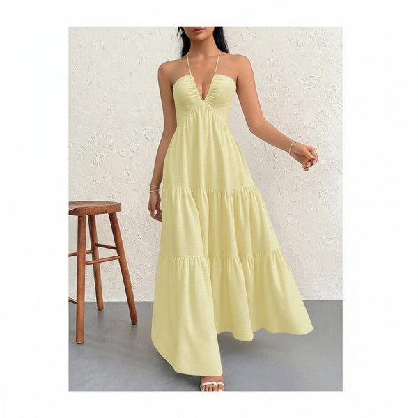 Yellow S Size Women's Elegant Halter Maxi Dress Summer Backless V Neck Sleeveless Long Beach Resort Gown Dresses