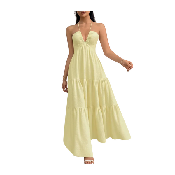 Yellow S Size Women's Elegant Halter Maxi Dress Summer Backless V Neck Sleeveless Long Beach Resort Gown Dresses
