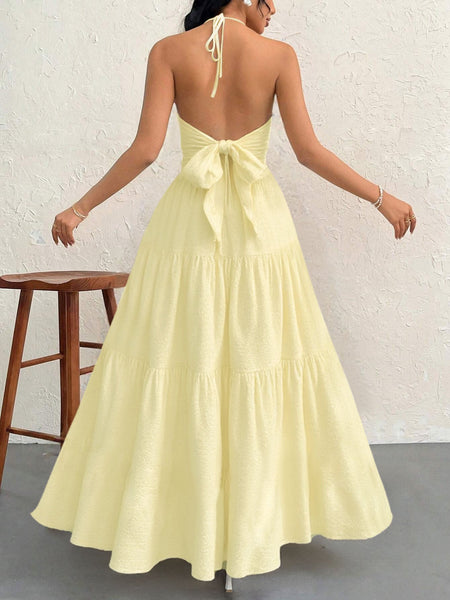 Yellow S Size Women's Elegant Halter Maxi Dress Summer Backless V Neck Sleeveless Long Beach Resort Gown Dresses