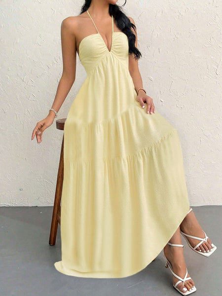 Yellow S Size Women's Elegant Halter Maxi Dress Summer Backless V Neck Sleeveless Long Beach Resort Gown Dresses