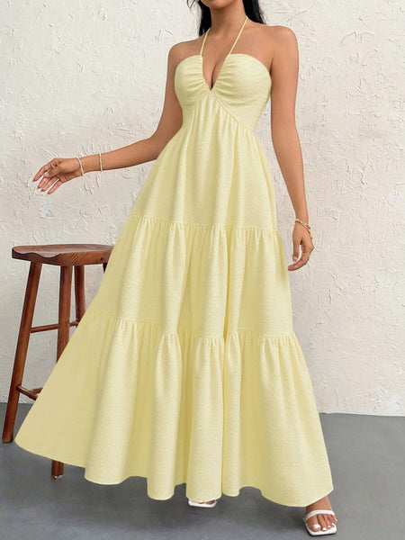 Yellow S Size Women's Elegant Halter Maxi Dress Summer Backless V Neck Sleeveless Long Beach Resort Gown Dresses