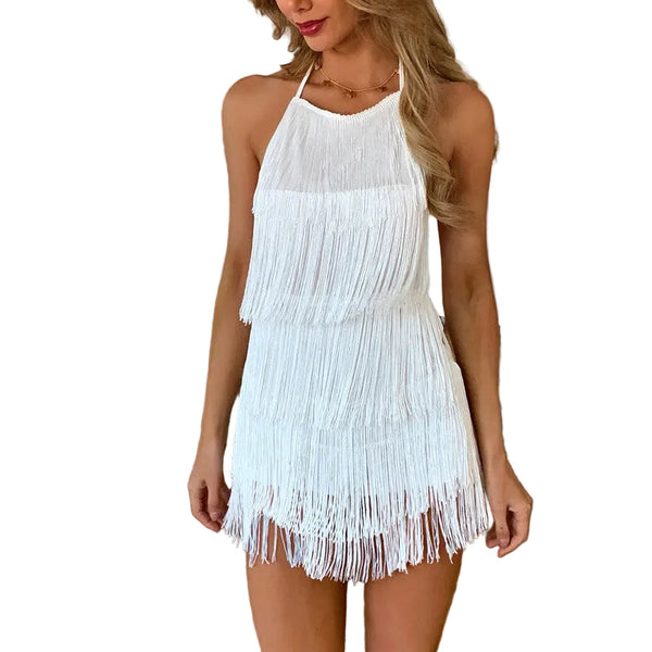 Women's Halter Neck Tassel Playsuit  Backless Tiered Fringe Romper White For Summer Festivals And Parties Xs Jumpsuits Rompers & Playsuits