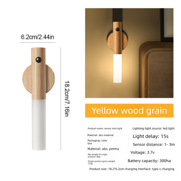 Yellow Wood Grain Motion Sensor Night Light Led Rechargeable Magnetic Stick Wall Lamp Smart Wireless Batten For Hallway Staircase Natural Ash Style Wa