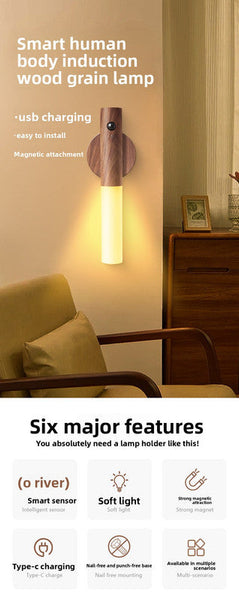 Yellow Wood Grain Motion Sensor Night Light Led Rechargeable Magnetic Stick Wall Lamp Smart Wireless Batten For Hallway Staircase Natural Ash Style Wa