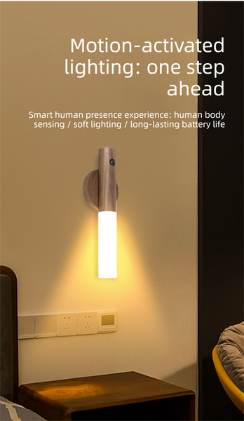 Yellow Wood Grain Motion Sensor Night Light Led Rechargeable Magnetic Stick Wall Lamp Smart Wireless Batten For Hallway Staircase Natural Ash Style Wa