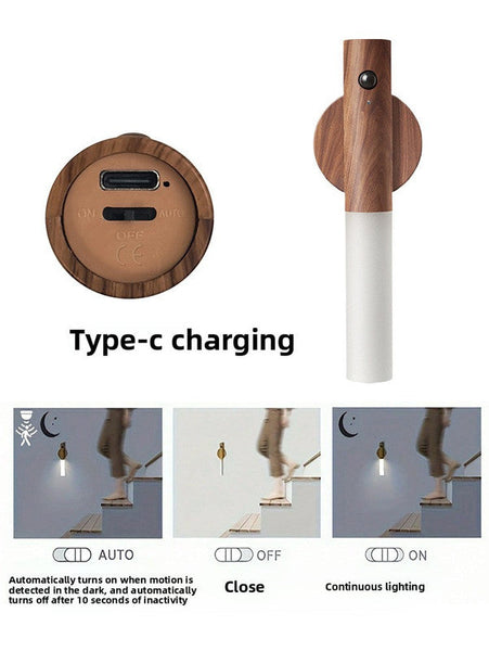 Yellow Wood Grain Motion Sensor Night Light Led Rechargeable Magnetic Stick Wall Lamp Smart Wireless Batten For Hallway Staircase Natural Ash Style Wa