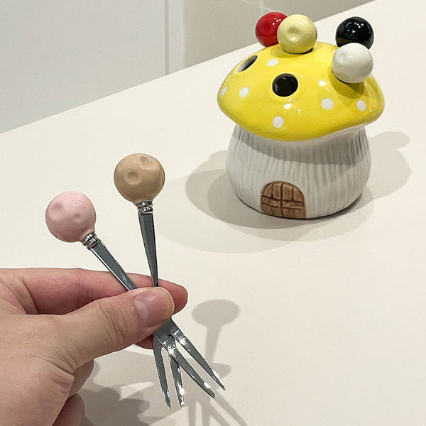Yellow Cute Cartoon Mushroom Mirror Polished Cutlery Jar With 6 Piece Stainless Steel Fruit Fork Set Dessert Picks/Appetizer Forks