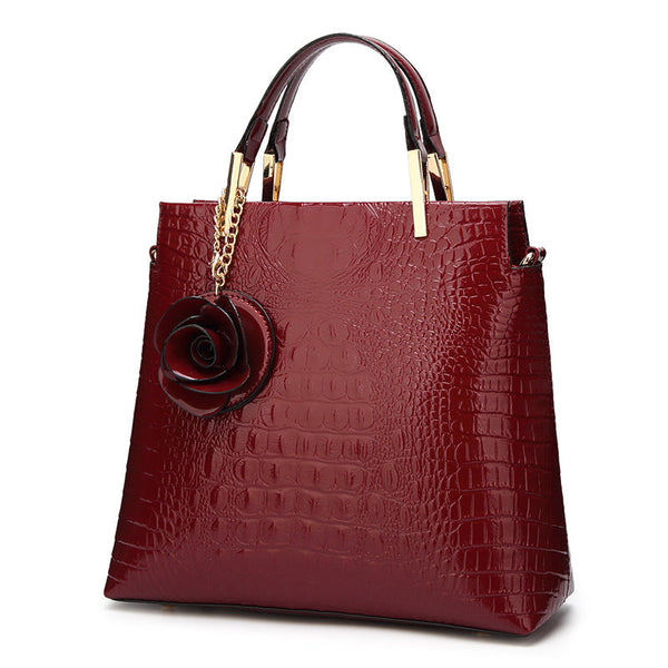 Wine Red Patent Pu Leather Crocodile Embossed Shell Bag 30X11x26cm With Floral Pendant Women's Bags & Handbags
