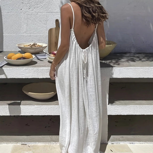 White Womens Crinkle Ice Silk Backless Cami Maxi Dress Loose Fit Lounge Nightgown Slip Casual Resort Wear Dresses