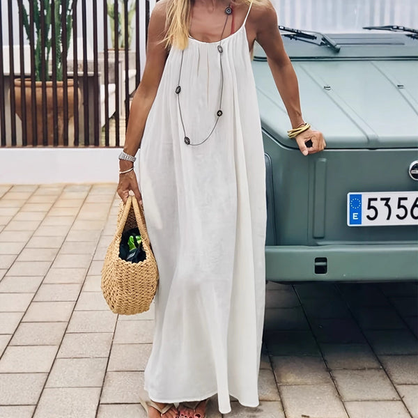 White Womens Crinkle Ice Silk Backless Cami Maxi Dress Loose Fit Lounge Nightgown Slip Casual Resort Wear Dresses