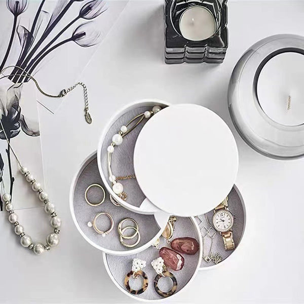 White 4 Layer Rotating Jewelry Storage Box Dust Proof Velvet Lined Organizer For Rings Coins And Hair Accessories (10X10cm) Jewellery Boxes