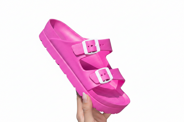 #36 Pink Thick Sole Buckle Slide Sandals(Fits Foot L 23 Cm) Eva Comfortable & Non Slip Birkenstock Style For Casual Wear Flats