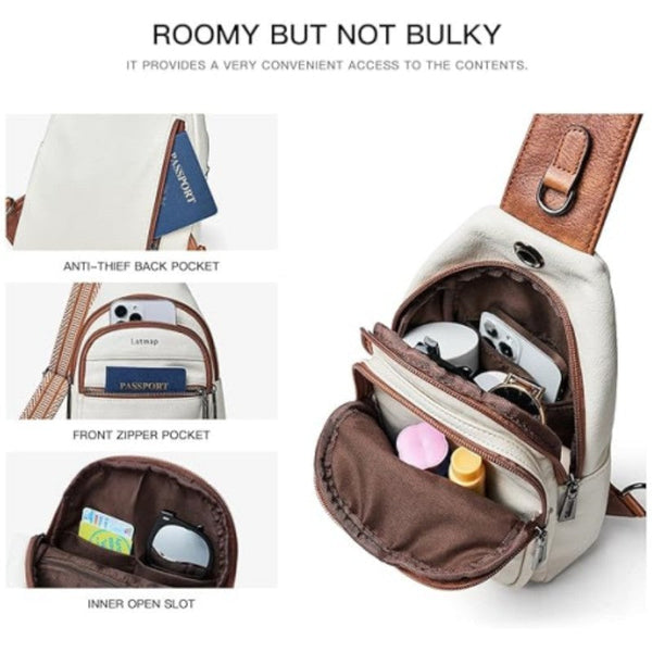White Women's 3 Layer Zipped Pu Chest Bag With Reversible Strap Roomy But Not Bulky Single Shoulder Crossbody Women's Bags & Handbags