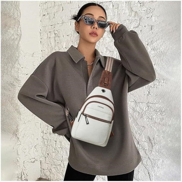 White Women's 3 Layer Zipped Pu Chest Bag With Reversible Strap Roomy But Not Bulky Single Shoulder Crossbody Women's Bags & Handbags