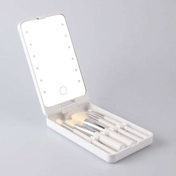 White Led Makeup Mirror With Lights & Brushes (9X2.5X16cm) Mini Foldable Desktop Vanity Dual Color Temperature Makeup Mirrors