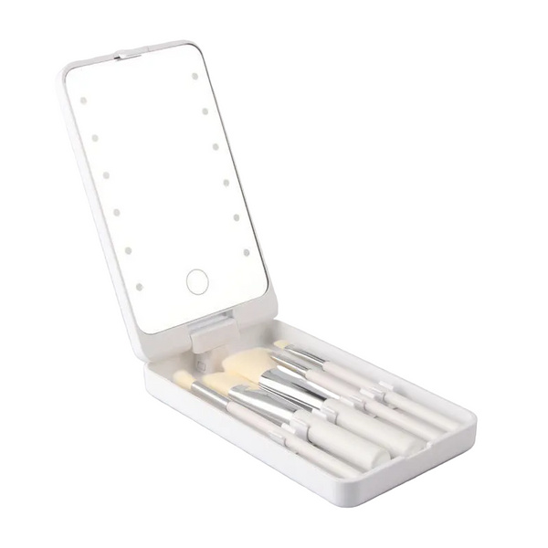 White Led Makeup Mirror With Lights & Brushes (9X2.5X16cm) Mini Foldable Desktop Vanity Dual Color Temperature Makeup Mirrors