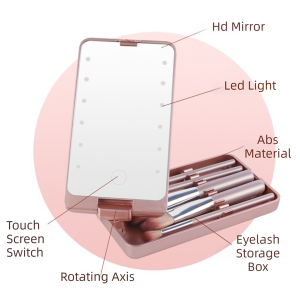 White Led Makeup Mirror With Lights & Brushes (9X2.5X16cm) Mini Foldable Desktop Vanity Dual Color Temperature Makeup Mirrors