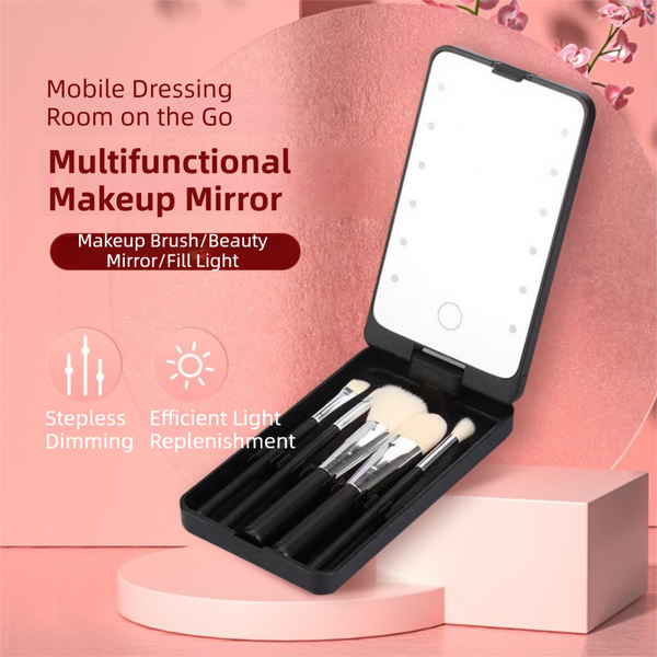 White Led Makeup Mirror With Lights & Brushes (9X2.5X16cm) Mini Foldable Desktop Vanity Dual Color Temperature Makeup Mirrors