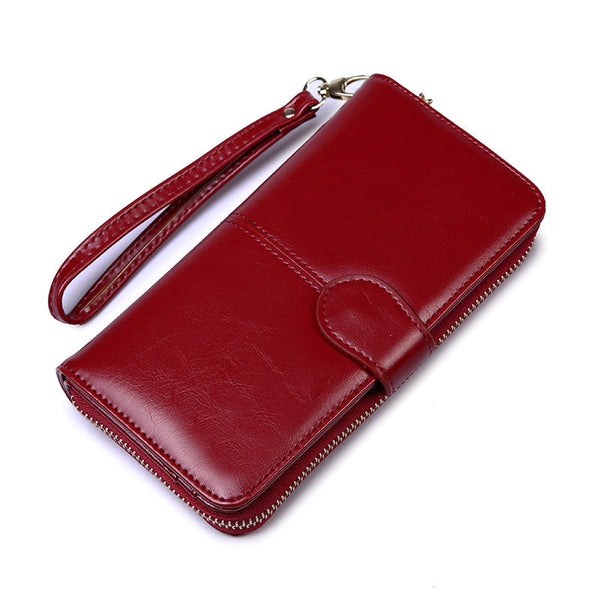 Wine Red Women's Long Buckle Closure Wallet Pu Lether Large Capacity Multi Slot Card Holder And Purse Combo With Wristband Wallets