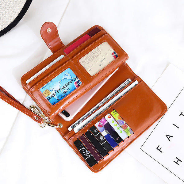 Wine Red Women's Long Buckle Closure Wallet Pu Lether Large Capacity Multi Slot Card Holder And Purse Combo With Wristband Wallets