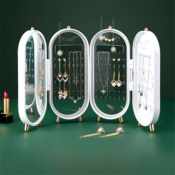 White 4 Layer Retractable Screen Style Jewelry Display Stand With Mirror Zone Dust Proof Necklace & Earring Organizer Case For Vanity Storage & Displa
