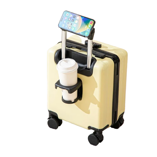 Yellow 14 Inch Lightweight Carry On Luggage For Heights Under 1.6M Underseat & Overhead Cabin Hardside Suitcase With Cup Holder Phone Stand Suitcases