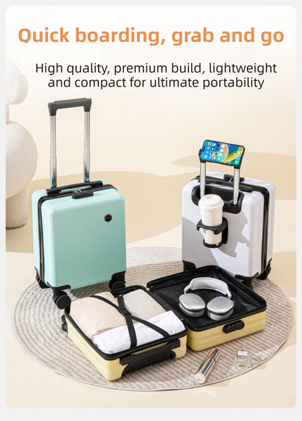 Yellow 14 Inch Lightweight Carry On Luggage For Heights Under 1.6M Underseat & Overhead Cabin Hardside Suitcase With Cup Holder Phone Stand Suitcases