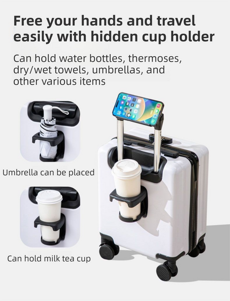 White 16 Inch Lightweight Carry On Luggage For Heights Under 1.6M Underseat & Overhead Cabin Hardside Suitcase With Cup Holder Phone Stand Suitcases