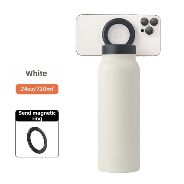 White 24Oz Stainless Steel Insulated Water Bottle With 90A Adjustable Vertical/Horizontal Magnetic Phone Holder Ringo Style Lid Sport Flask Canteens B
