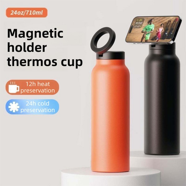 White 24Oz Stainless Steel Insulated Water Bottle With 90A Adjustable Vertical/Horizontal Magnetic Phone Holder Ringo Style Lid Sport Flask Canteens B