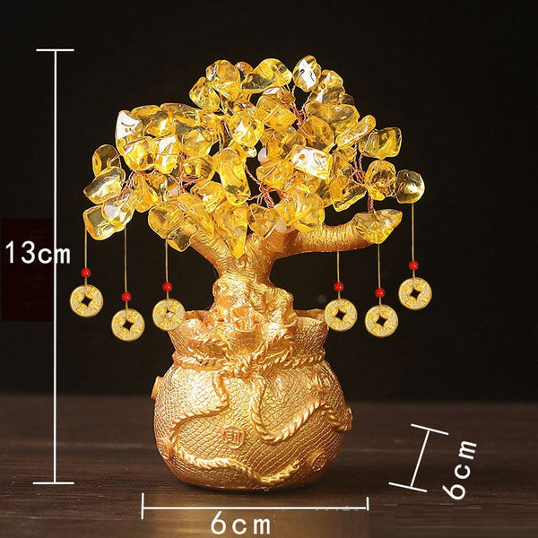 Yellow Handcrafted Crystal Tree Ornament Resin Money Bag Base With Hanging Coin Charms For Home & Office Decor Other Home Décor