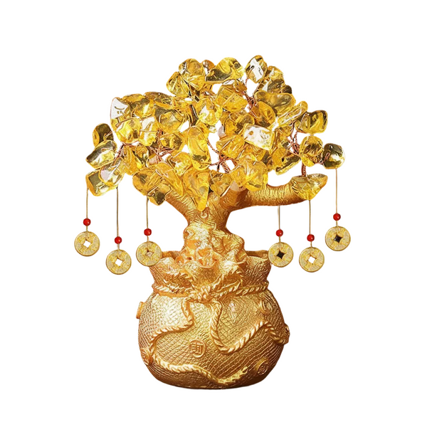 Yellow Handcrafted Crystal Tree Ornament Resin Money Bag Base With Hanging Coin Charms For Home & Office Decor Other Home Décor