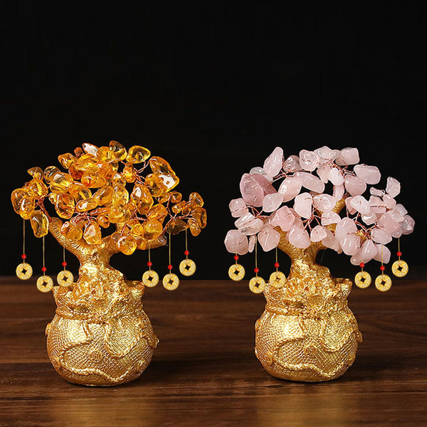 Yellow Handcrafted Crystal Tree Ornament Resin Money Bag Base With Hanging Coin Charms For Home & Office Decor Other Home Décor
