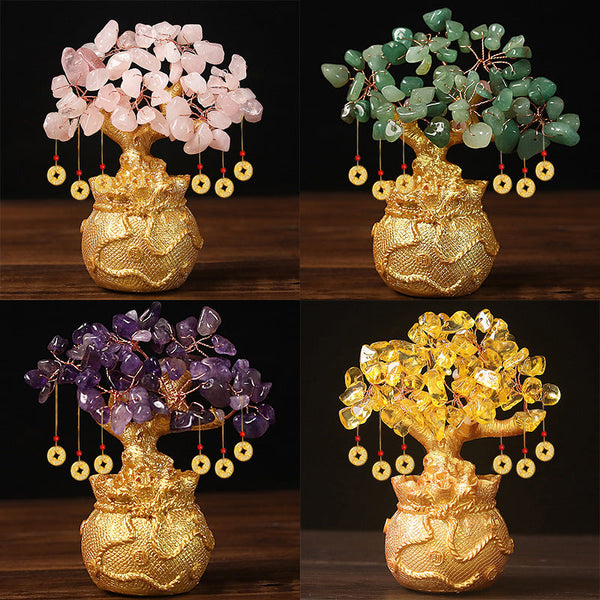 Yellow Handcrafted Crystal Tree Ornament Resin Money Bag Base With Hanging Coin Charms For Home & Office Decor Other Home Décor